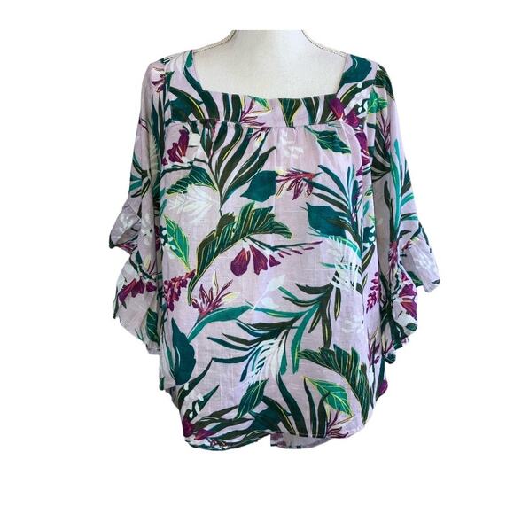 New Terra & Sky Women's Cotton Purple Tropical Peasant Top Plus 1X 16-18 - Picture 2 of 7